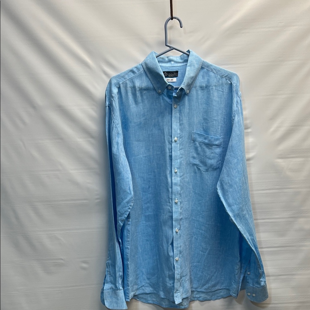 Luigi Fusaro Italian Linen Button Down Shirt Blue Puro Lino Size 17.5 / 44